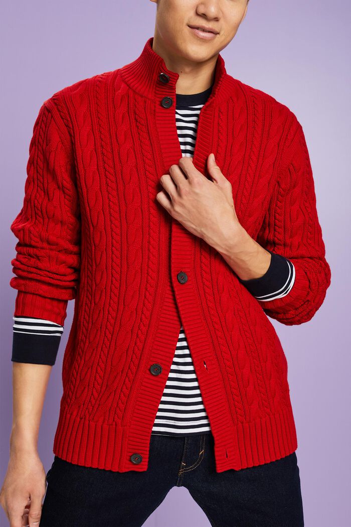 ‌有機棉絞花針織開衫, 深紅色, detail image number 1