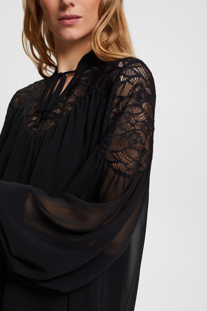 Chiffon blouse with lace, BLACK, detail image number 2