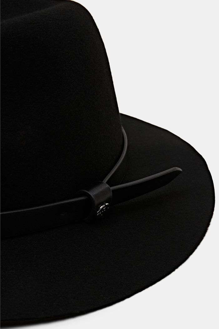 飾以人造皮革綁帯的毛氈費多拉帽, 黑色, detail image number 1