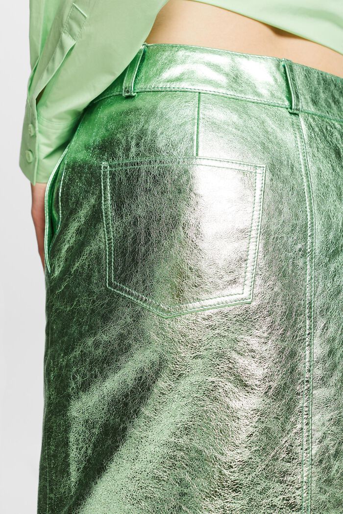 Coated Metallic Leather Skirt, LIGHT AQUA GREEN, detail image number 3