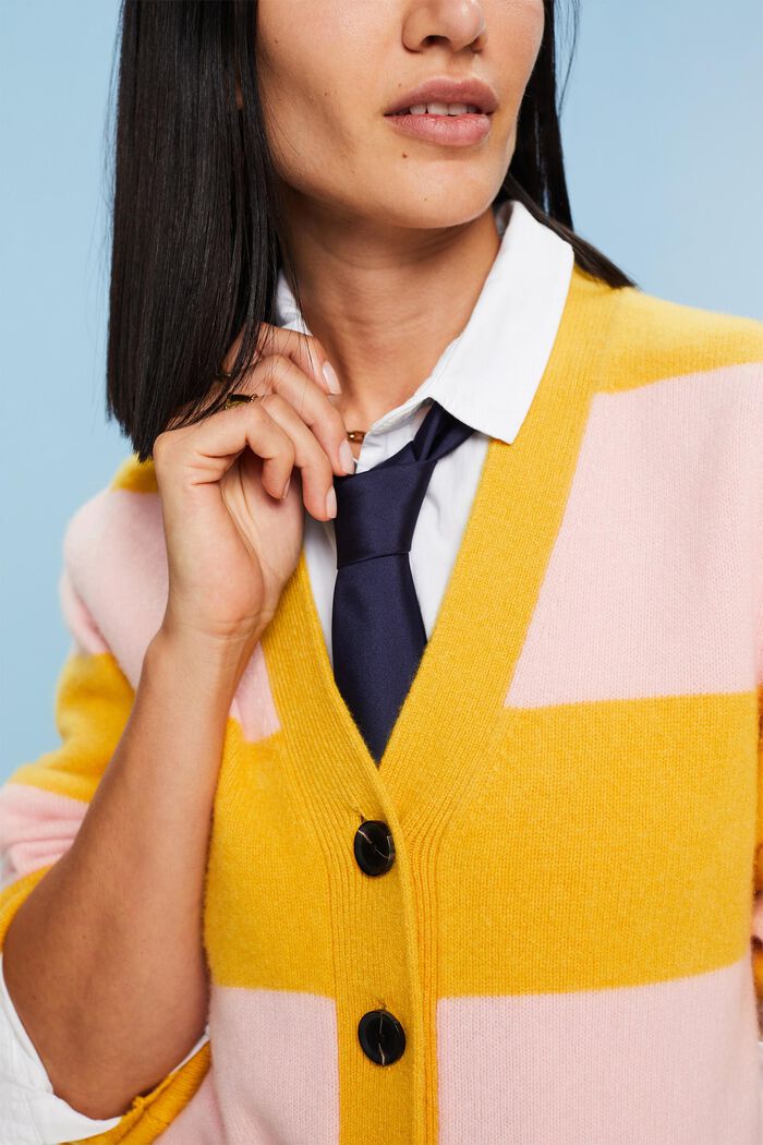 Cashmere V-Neck Rugby Stripe Cardigan, YELLOW, detail image number 3