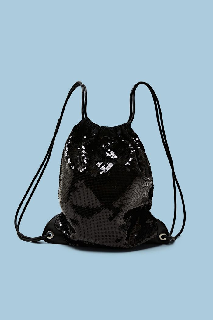Sequined Drawstring Backpack, BLACK, detail image number 0
