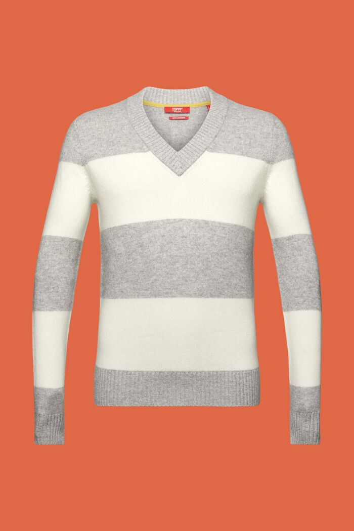 Cashmere V-Neck Rugby Stripe Sweater, LIGHT GREY, detail image number 7