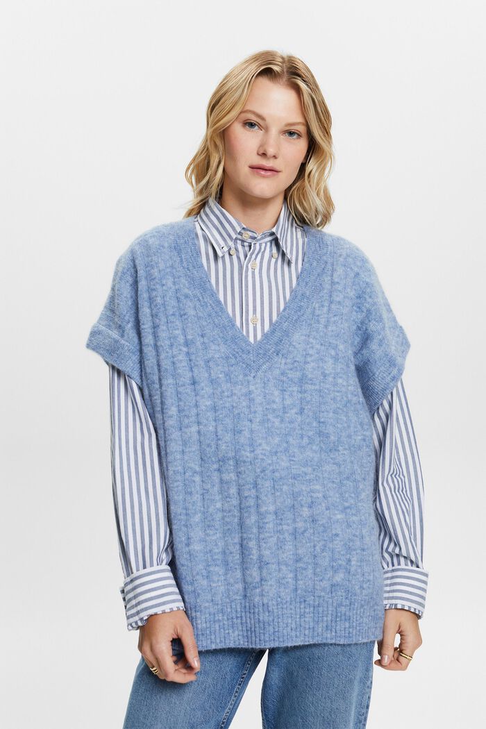 ‌超大廓形V領羅紋針織毛衣, 淺藍色, detail image number 1