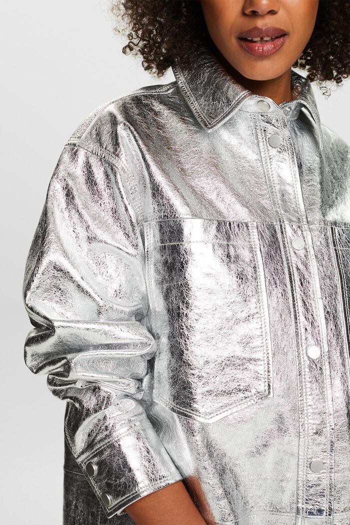 金屬光感皮革襯衫式夾克, 銀色, detail image number 3