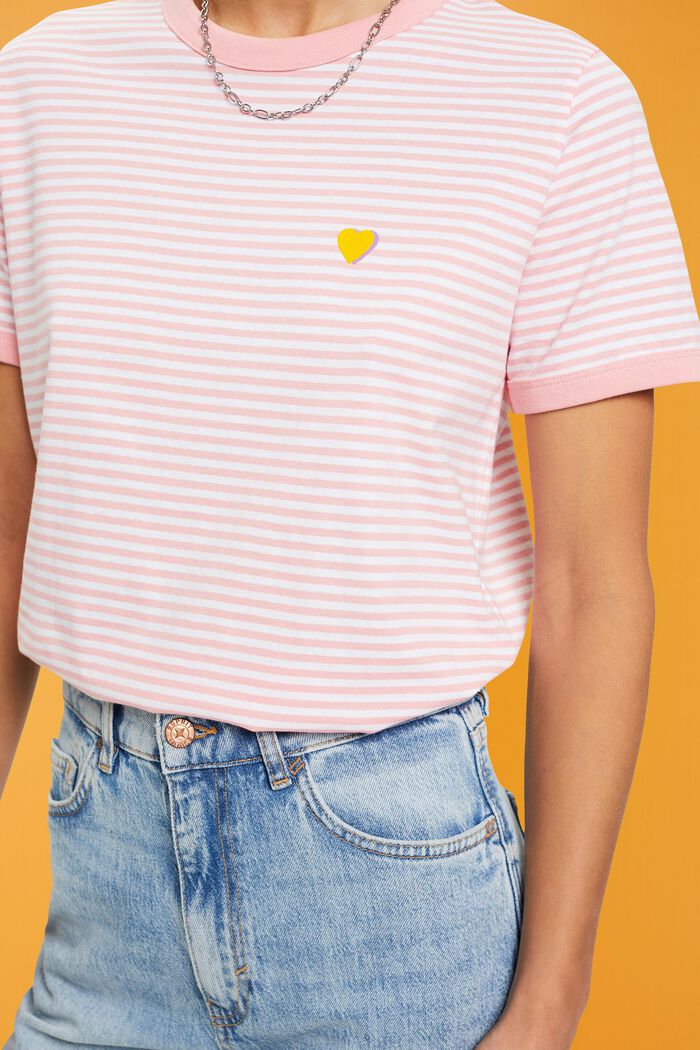 刺繡圖案條紋全棉T恤, 粉紅色, detail image number 2