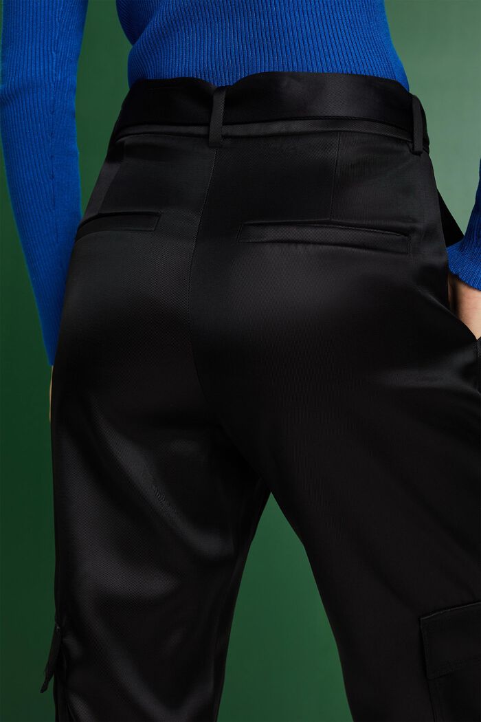 Satin Belted Cargo Pants, 黑色, detail image number 3