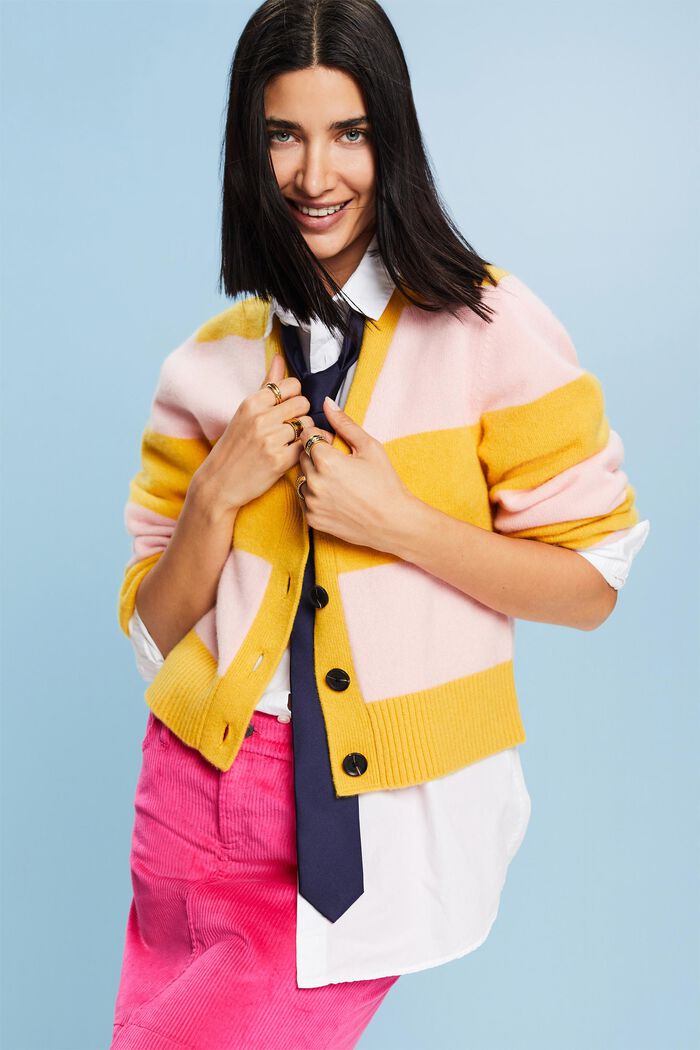 Cashmere V-Neck Rugby Stripe Cardigan, YELLOW, detail image number 4