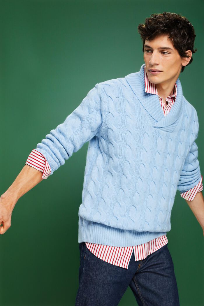 ‌絞花針織羊毛披肩領毛衣, 淺藍色, detail image number 5