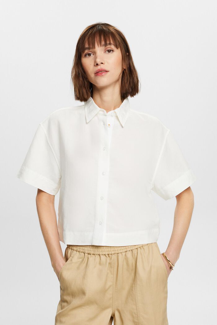 亞麻混紡短款女裝恤衫, 白色, detail image number 0