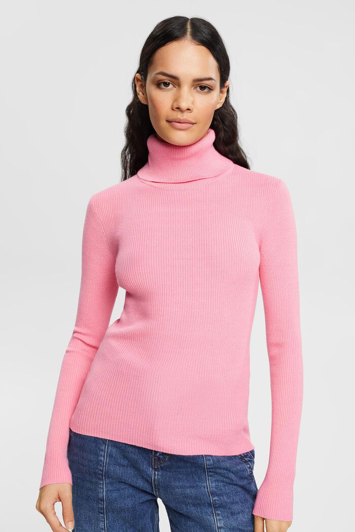 Roll neck ribbed viscose sweater, PINK, detail image number 0