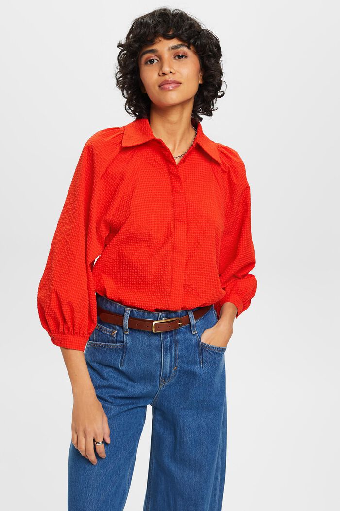 泡泡紗燈籠袖女裝恤衫, 橙紅色, detail image number 0