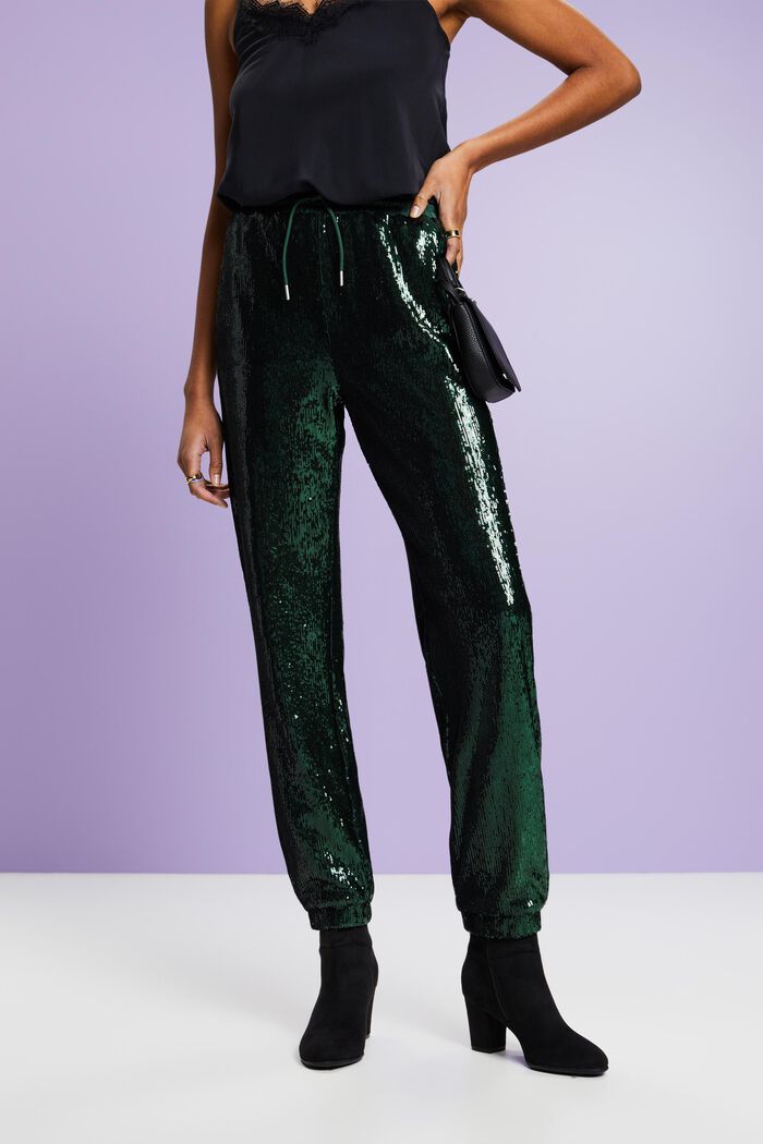 Sequined Satin Pants, EMERALD GREEN, detail image number 0