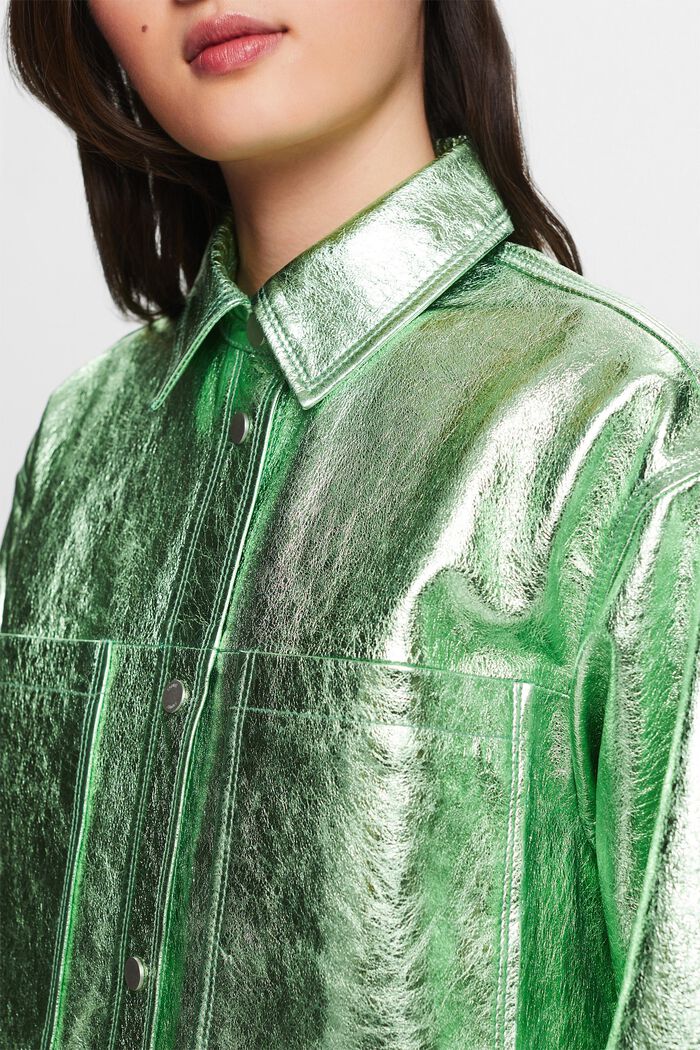 金屬光感皮革襯衫式夾克, 淺湖水綠色, detail image number 3
