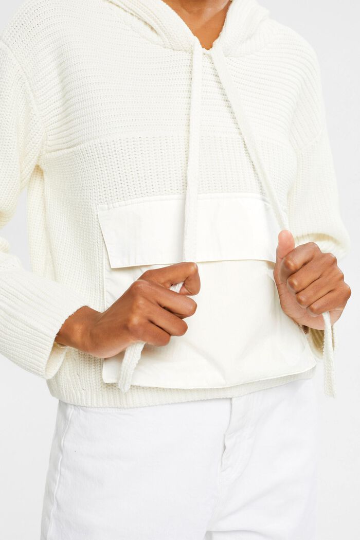 Ribbed Knit Pocket Hoodie, OFF WHITE, detail image number 0