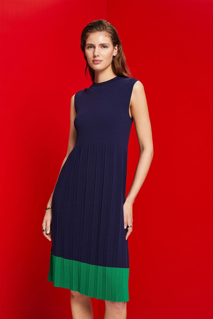 Pleated and sleeveless maxi dress with crewneck, DARK BLUE, detail image number 0