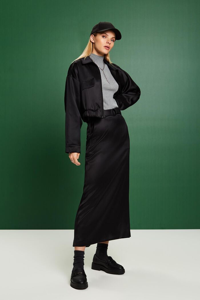 Satin Belted Maxi Skirt, 黑色, detail image number 1