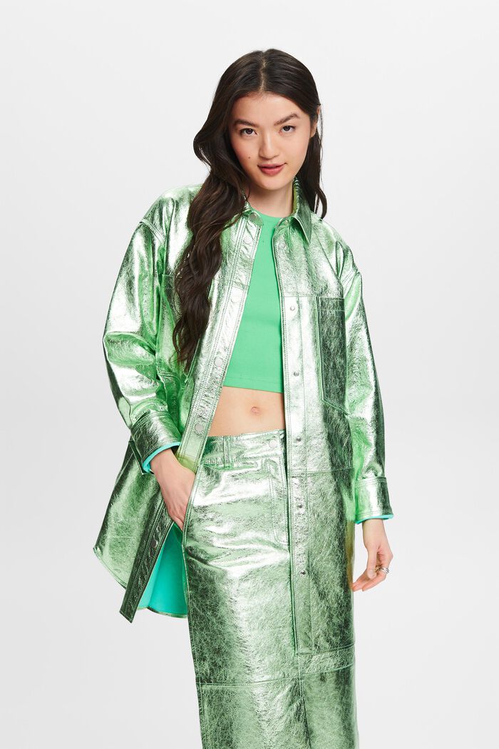 金屬光感皮革襯衫式夾克, 淺湖水綠色, detail image number 4