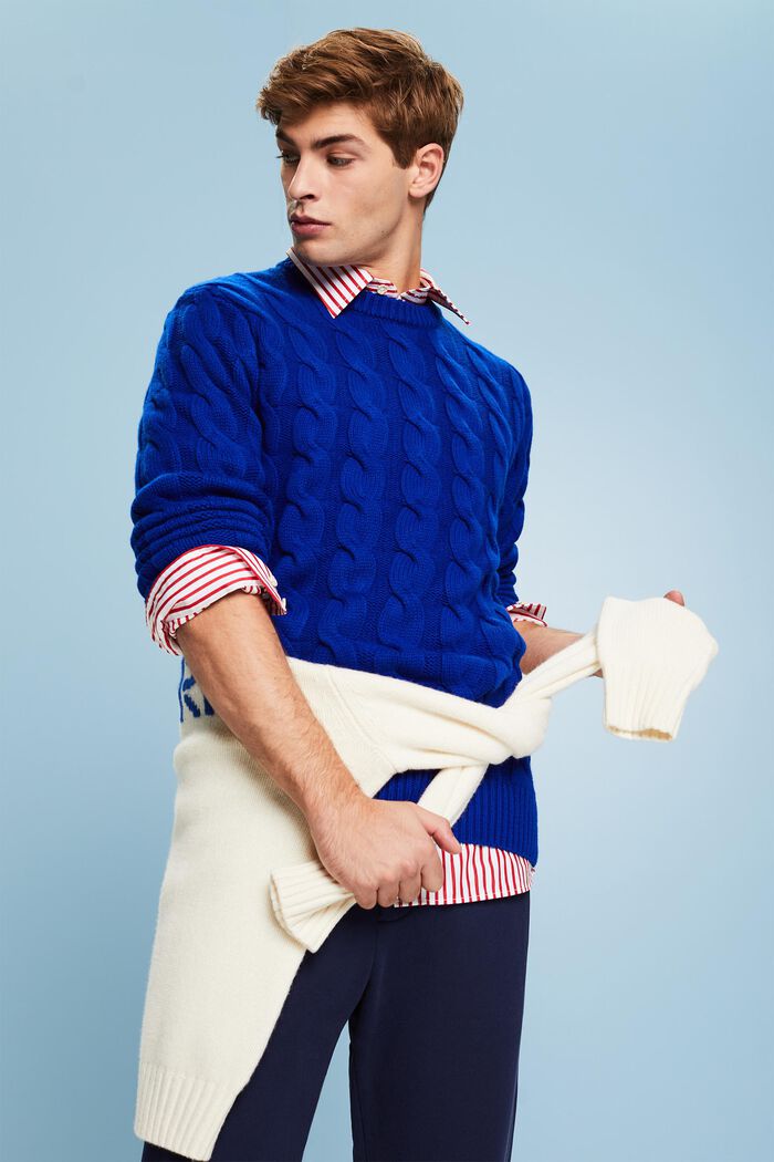 ‌羊毛絞花針織衫, 深藍色, detail image number 4