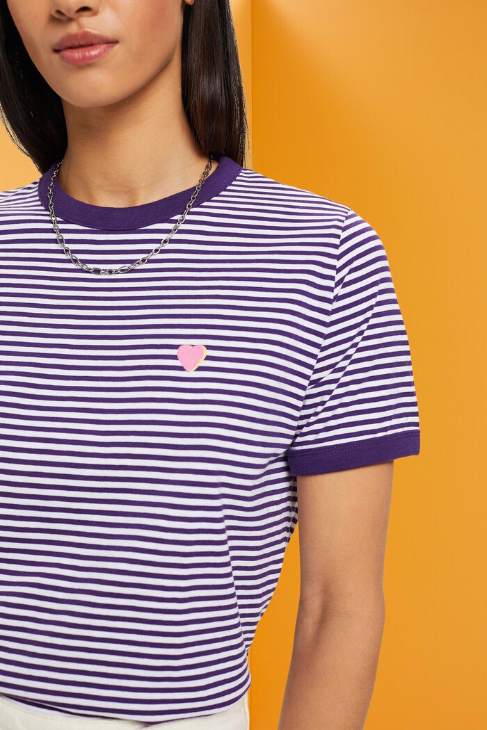 刺繡圖案條紋全棉T恤, 深紫色, detail image number 2