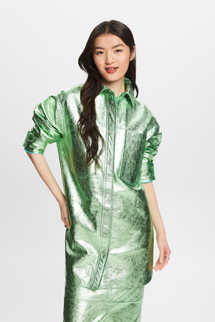 金屬光感皮革襯衫式夾克, 淺湖水綠色, detail image number 0