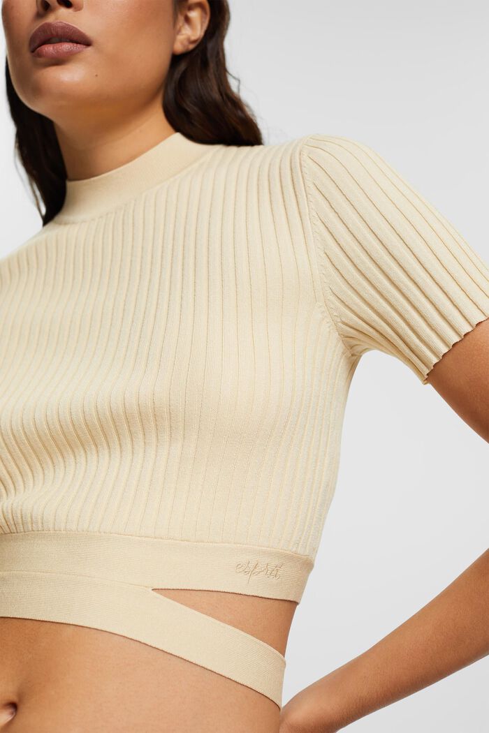 Tie Detail Ribbed Knit Cropped Top, SAND, detail image number 0