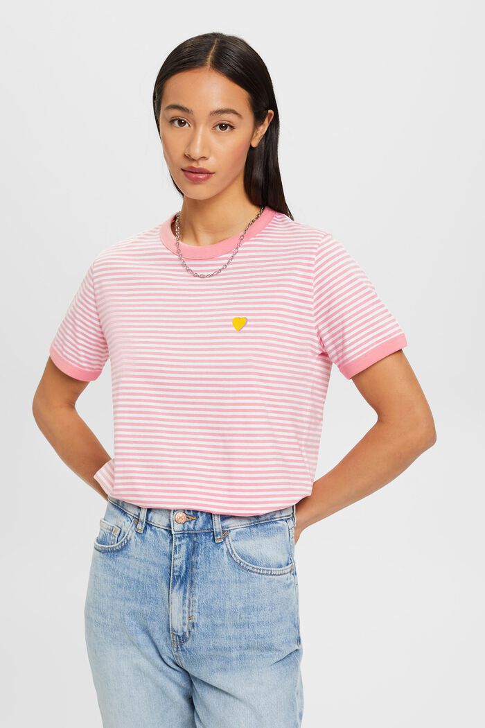 刺繡圖案條紋全棉T恤, 粉紅色, detail image number 0