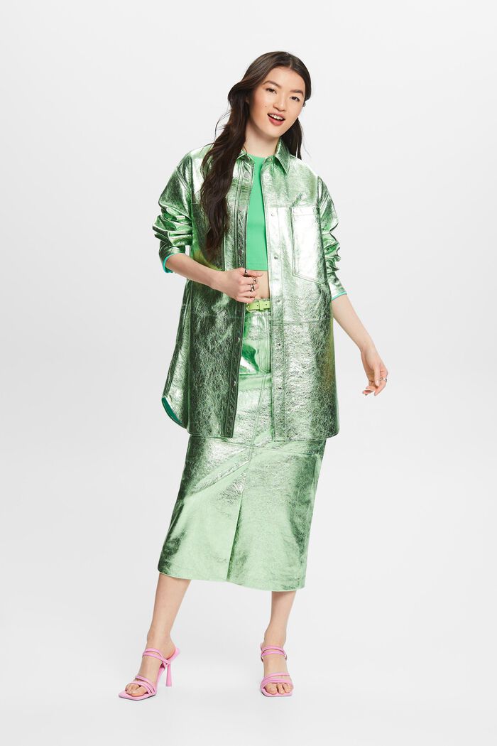 金屬光感皮革襯衫式夾克, 淺湖水綠色, detail image number 1