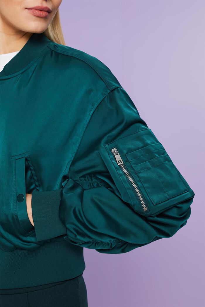 短款緞面飛行員夾克, 藍綠色, detail image number 3
