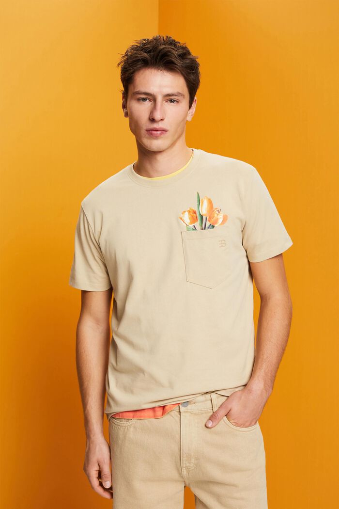 Jersey t-shirt with a print, 100% cotton, KHAKI BEIGE, detail image number 0