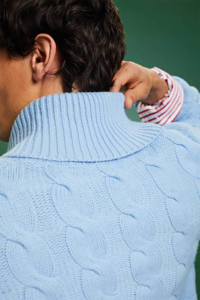 ‌絞花針織羊毛披肩領毛衣, 淺藍色, detail image number 3
