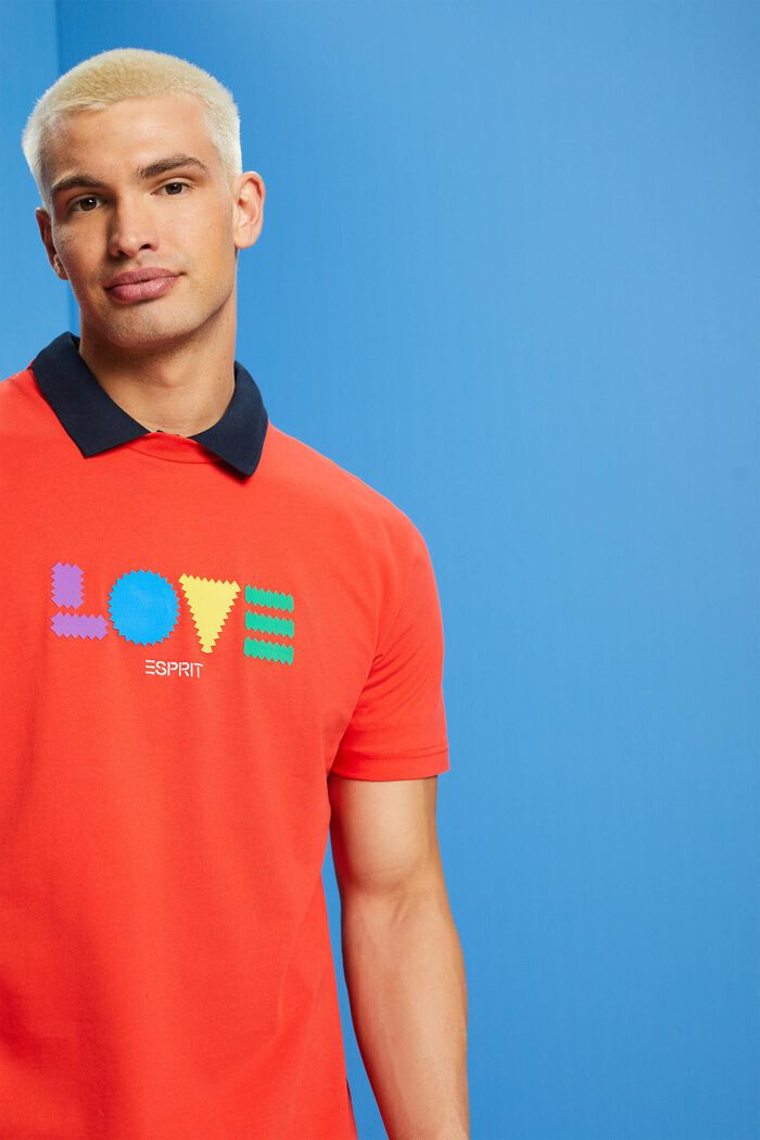 「LOVE」字樣幾何印花有機棉T恤, 橙紅色, detail image number 4
