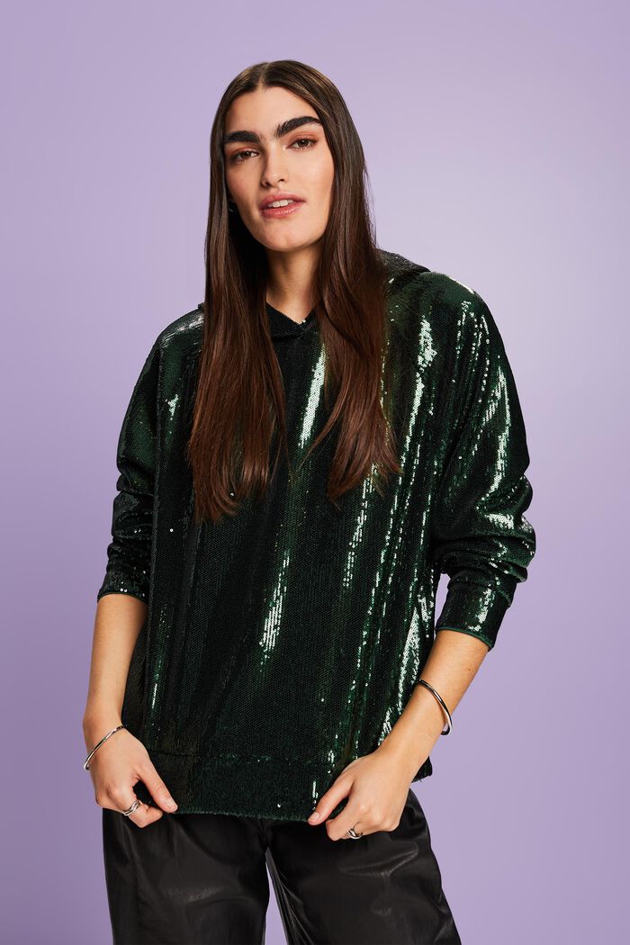 Sequined Hoodie, EMERALD GREEN, detail image number 0
