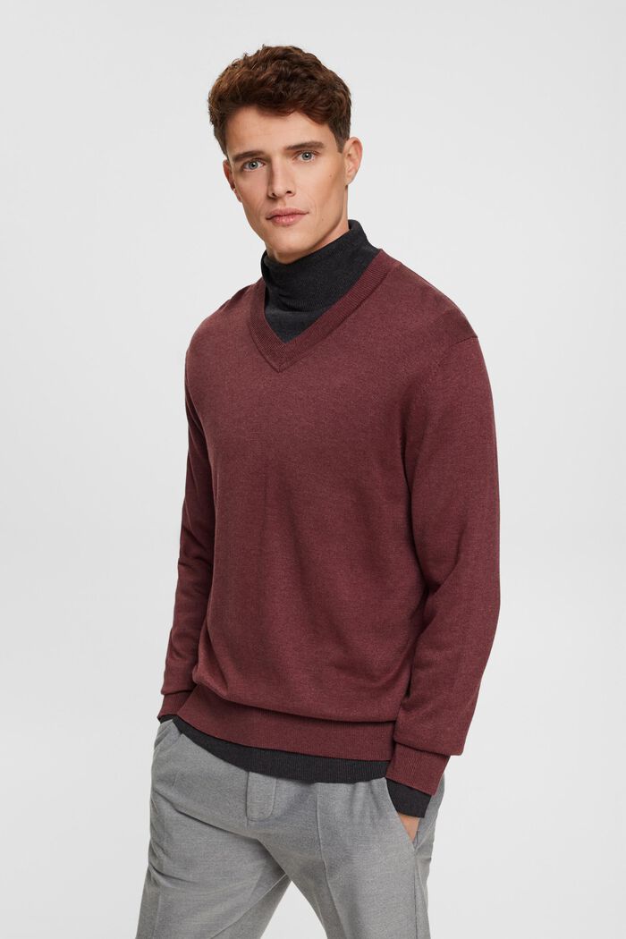 V-neck knit sweater, BORDEAUX RED, detail image number 0