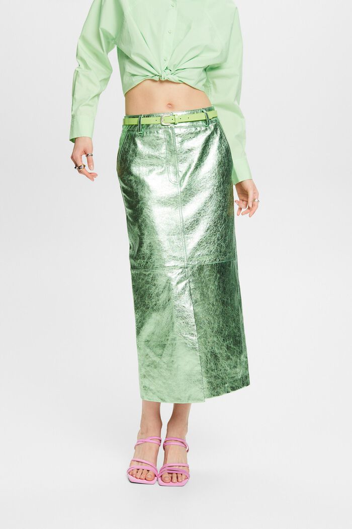 Coated Metallic Leather Skirt, LIGHT AQUA GREEN, detail image number 0