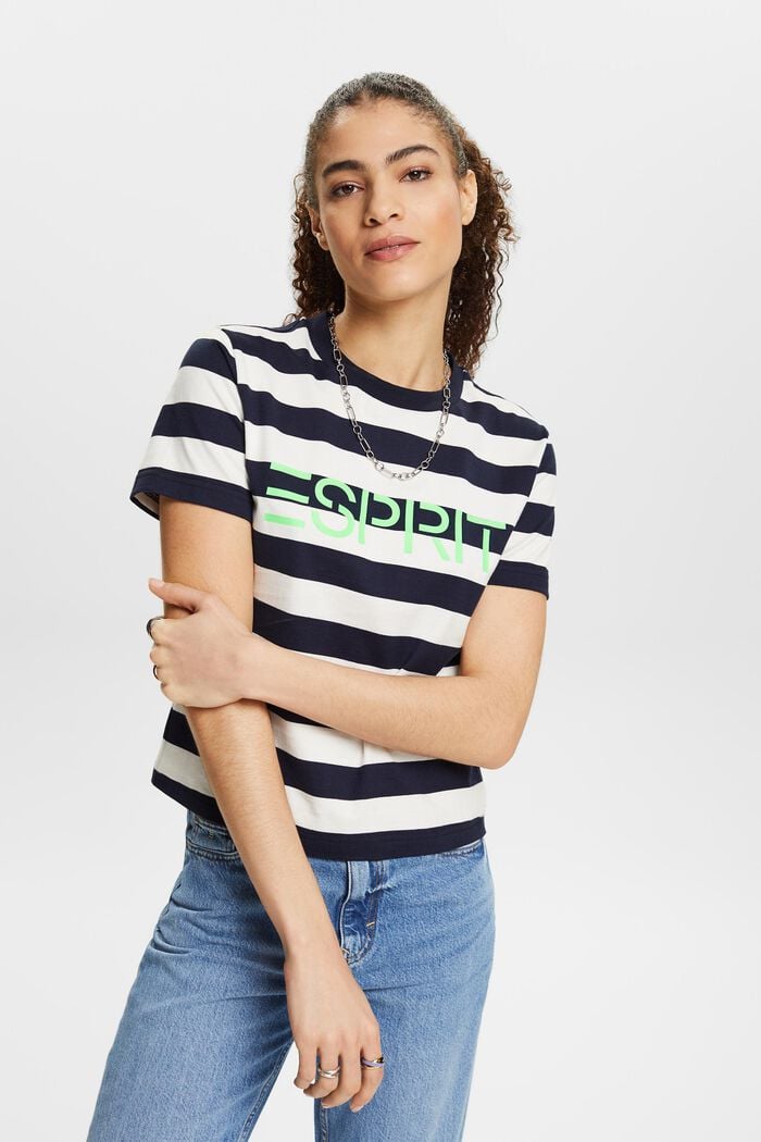 Striped Logo Cotton T-Shirt, NAVY, detail image number 0