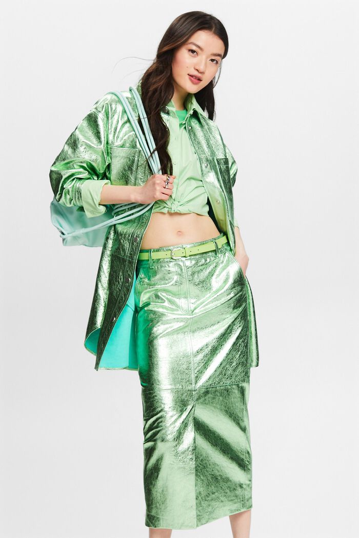 Coated Metallic Leather Skirt, LIGHT AQUA GREEN, detail image number 5