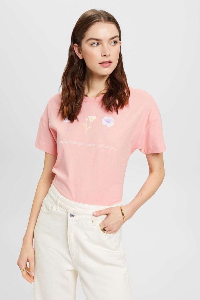 胸前花卉印花T恤, 粉紅色, detail image number 0