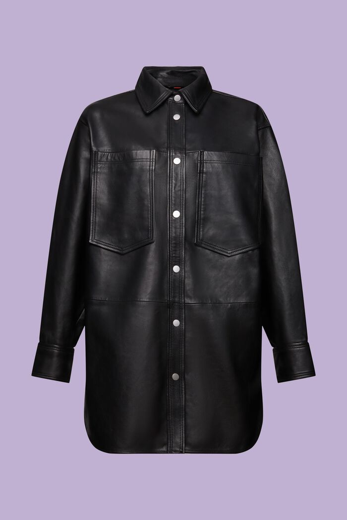 超大廓形皮革恤衫式外套, 黑色, detail image number 6