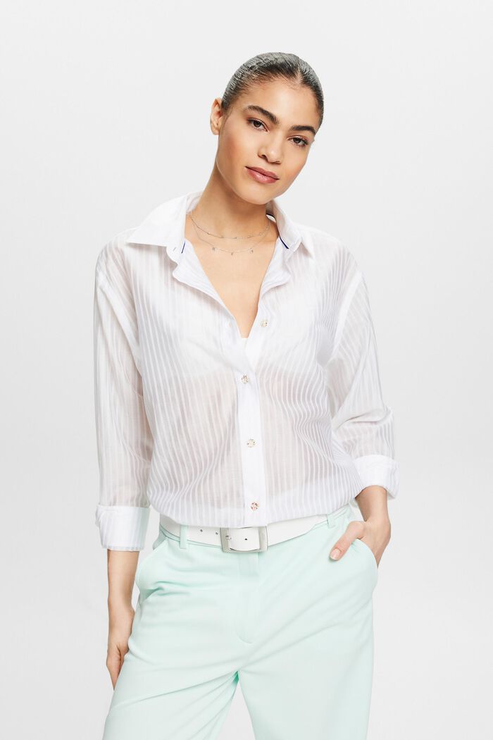 Sheer Striped Button-Down Shirt, WHITE, detail image number 4