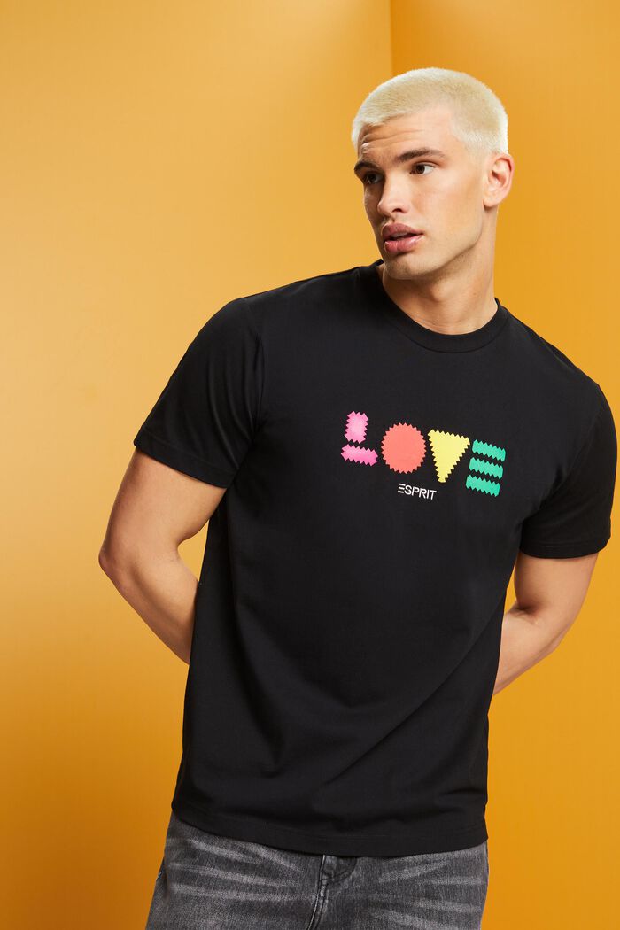 「LOVE」字樣幾何印花有機棉T恤, 黑色, detail image number 0