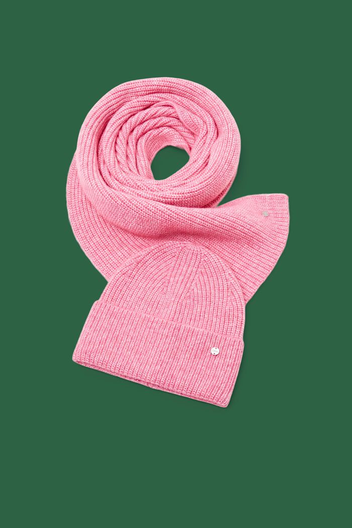 羅紋針織圓帽和圍巾套裝, 桃紅色, detail image number 0