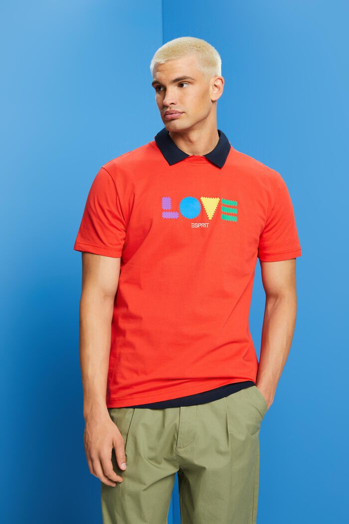 「LOVE」字樣幾何印花有機棉T恤, 橙紅色, detail image number 0