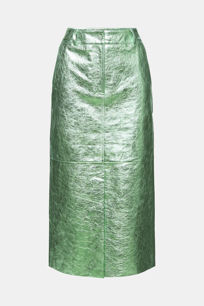 Coated Metallic Leather Skirt, LIGHT AQUA GREEN, detail image number 7