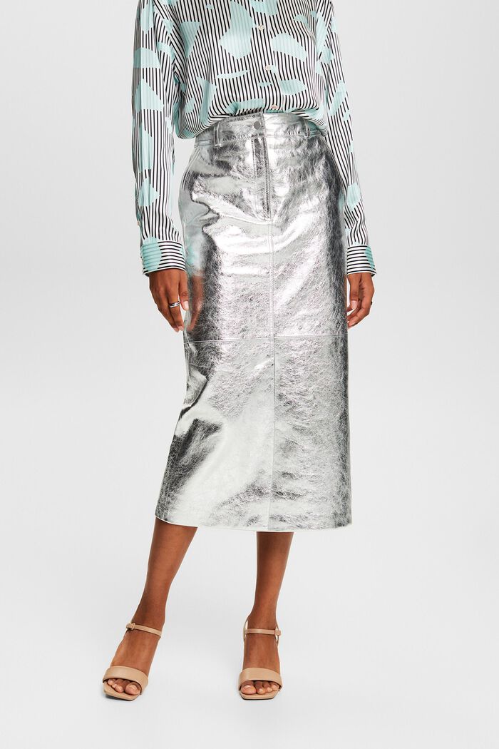 金屬光感皮革半身裙, 淺灰色, detail image number 0