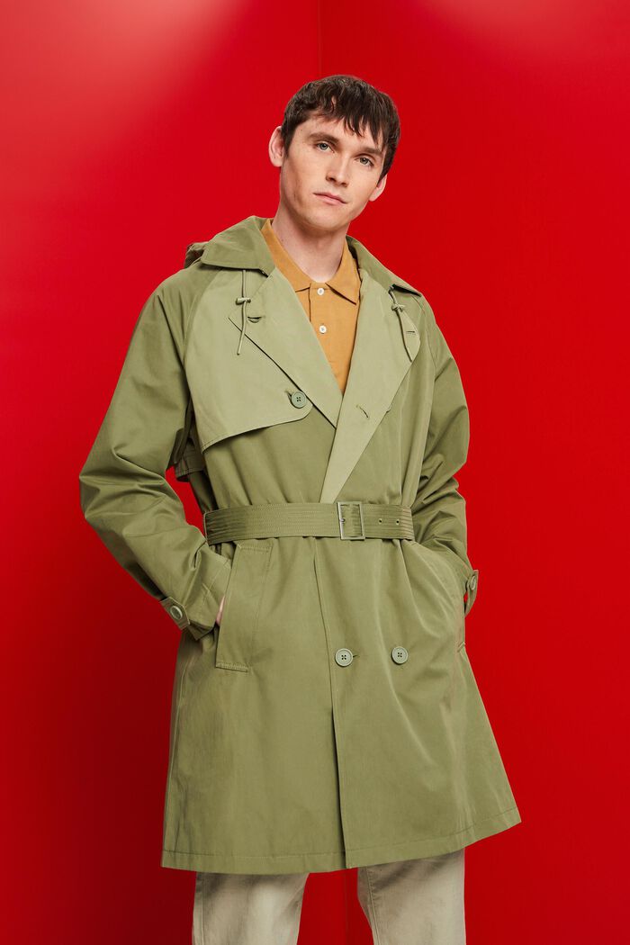 Short, hooded trench coat, OLIVE, detail image number 0