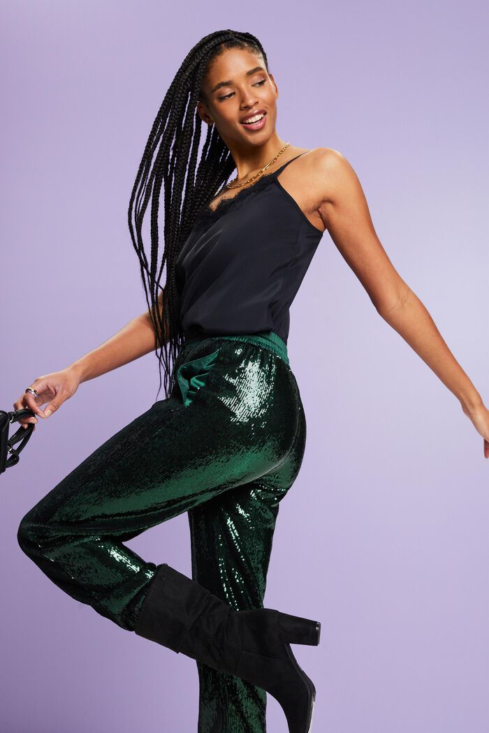 Sequined Satin Pants, EMERALD GREEN, detail image number 5