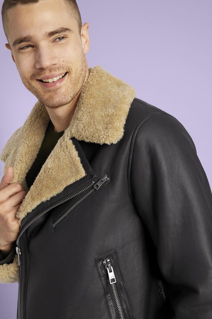 羊羔毛皮革夾克, 黑色, detail image number 2