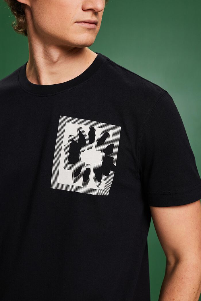 花卉圖案LOGO標誌T恤, 黑色, detail image number 3