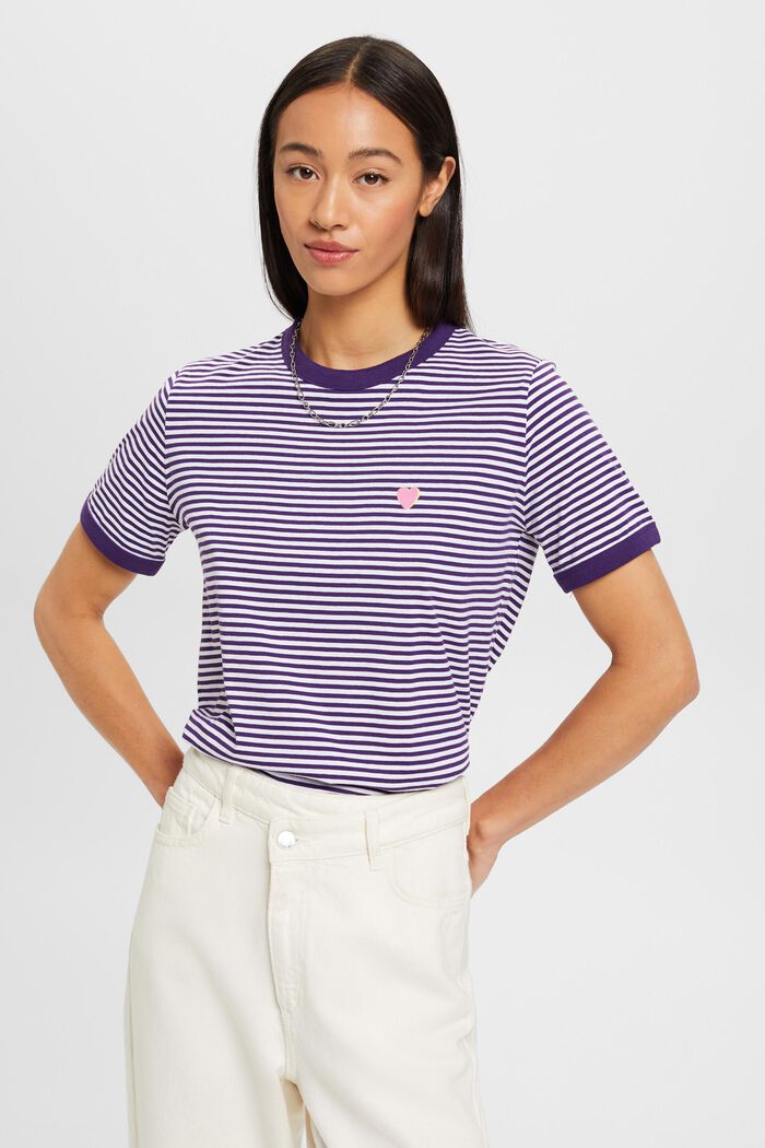 刺繡圖案條紋全棉T恤, 深紫色, detail image number 0